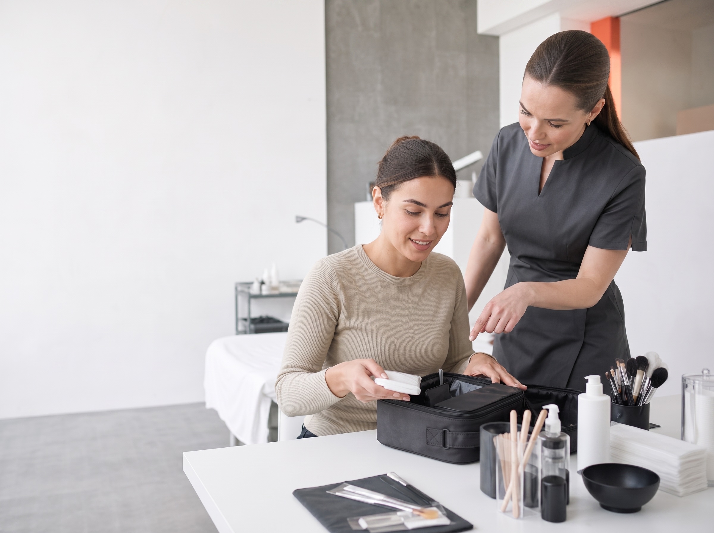 Startende beautyprofessional bekijkt een professionele starterset met haar trainer