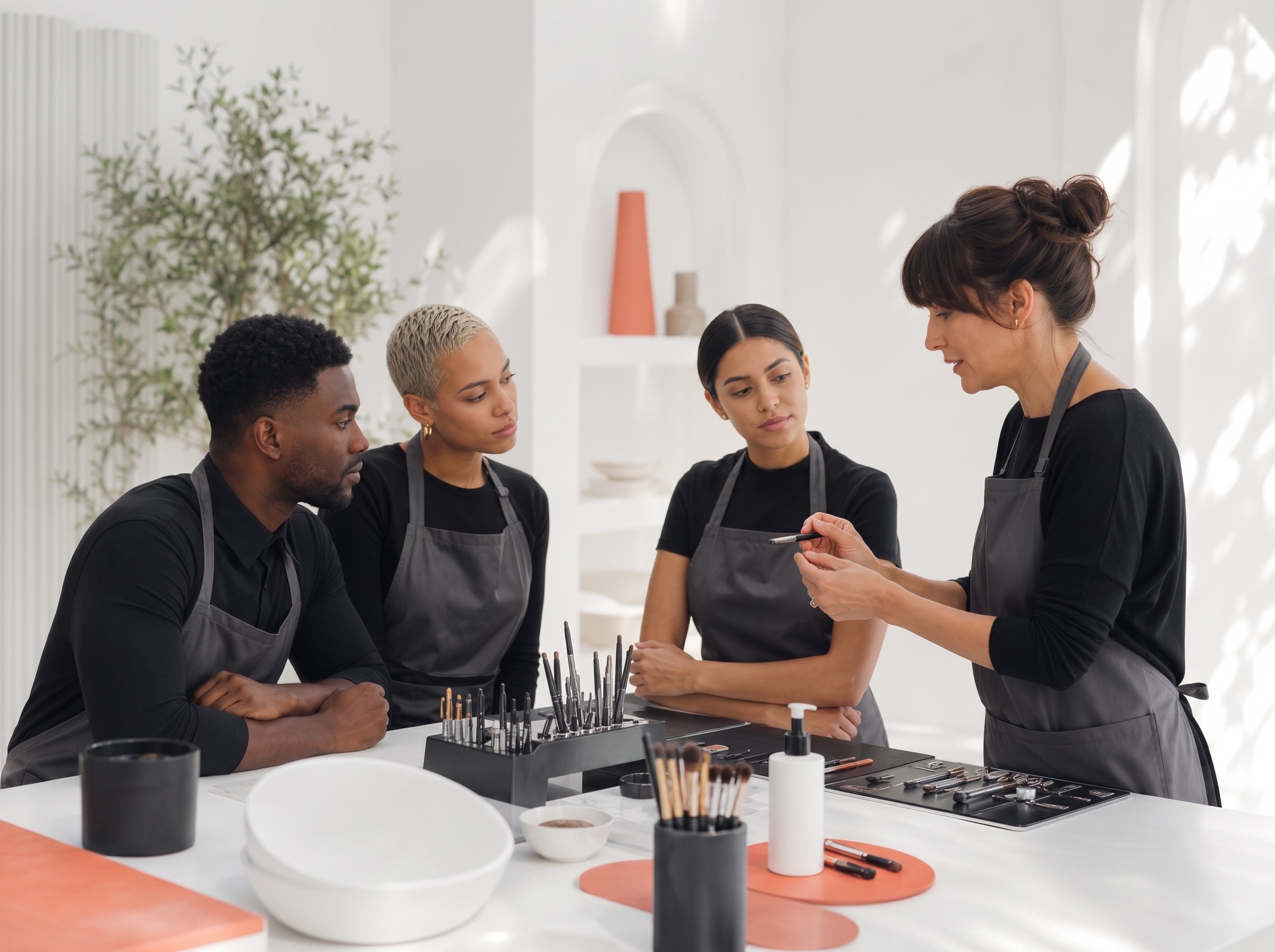 Beautytrainer geeft praktijkles aan een diverse groep studenten