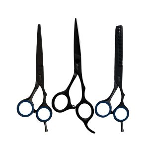 Guardian Beauty Professionele Haarschaar Set – 3-delige Set met Precisieschaar en Haartynning- en Texturiseringsschaar van Duits Roestvrij Staal voor Salon, Kapsalon en Thuisgebruik (6.5 Inch Zwart, 5.5 Inch Zwart met een vleugje blauw)