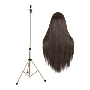 Guardian Beauty Oefenhoofd Statiefstandaard - Goud - Met Bruin Pruik - Verstelbare Mannequinhouder voor Kappers