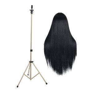 Guardian Beauty Oefenhoofd Statiefstandaard - Goud - Met Zwarte Pruik - Verstelbare Mannequinhouder voor Kappers